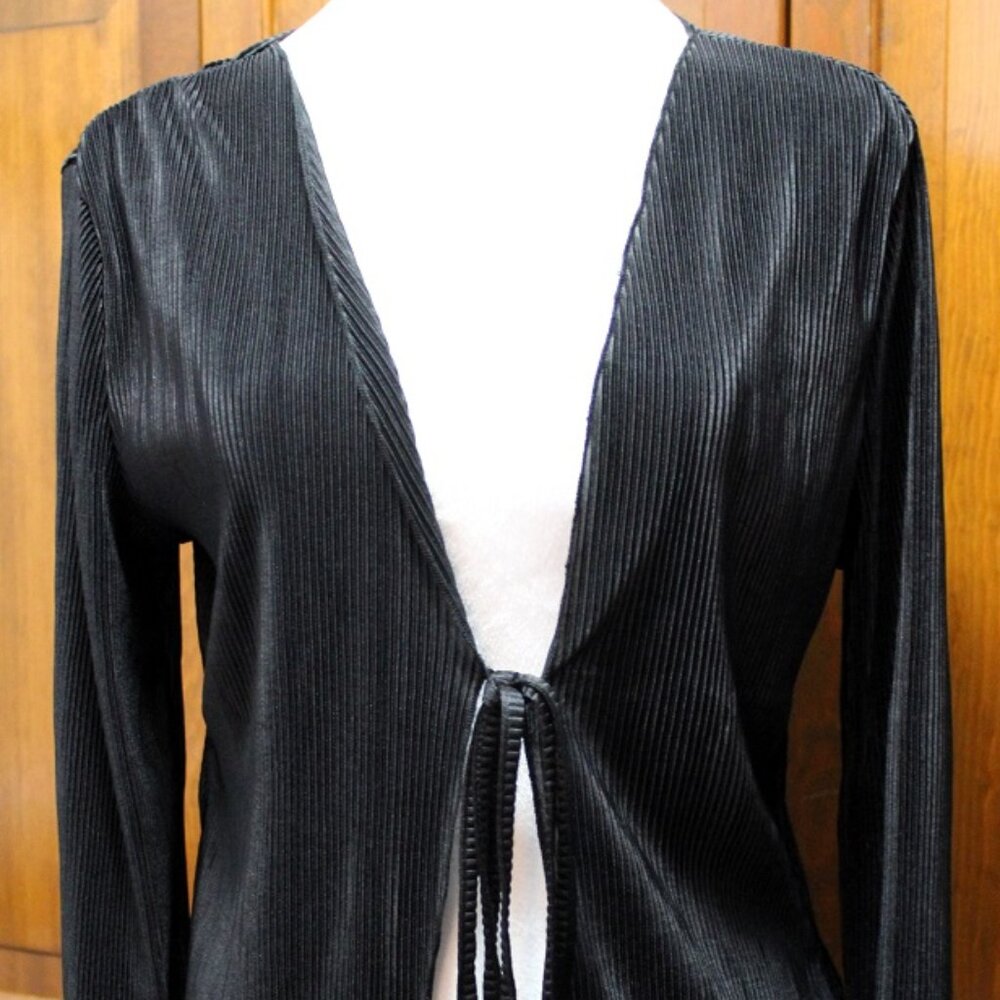 Silk-like, long sleeve, tie front black sweater